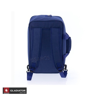 Mochila azul escura vista por trás com alças ajustáveis e pega lateral