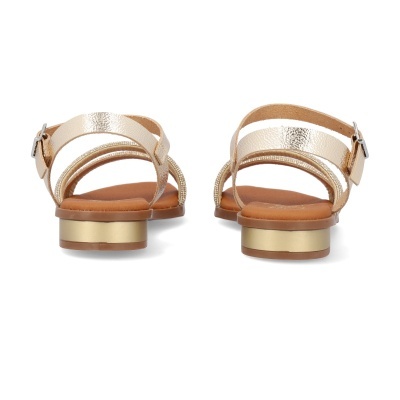 Sandálias douradas femininas com tiras metálicas e salto baixo dourado