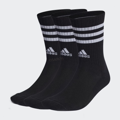Três pares de meias desportivas pretas com riscas brancas e logótipo Adidas