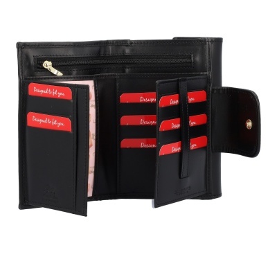 Carteira preta em couro com vários compartimentos para cartões e bolso com fecho de zíper