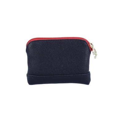 Carteira pequena azul escura de tecido com fecho éclair vermelho.