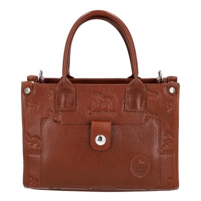 Mala castanha de pele com alça dupla e padrão de cavalos em relevo