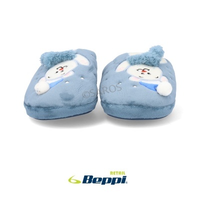 Pantufas azuis com boneco de neve e logo Beppi