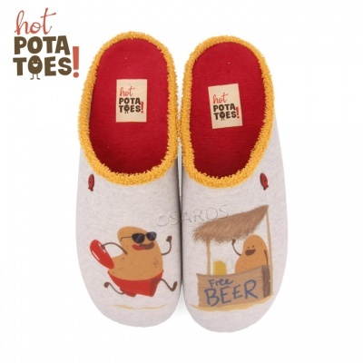 Chinelos de casa cinza com ilustrações de batatas e texto 'hot POTATOES!'