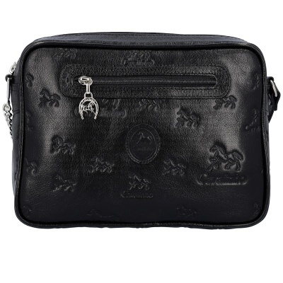 Mala preta de couro com relevo de cavalos e zíper frontal com pingente de ferradura