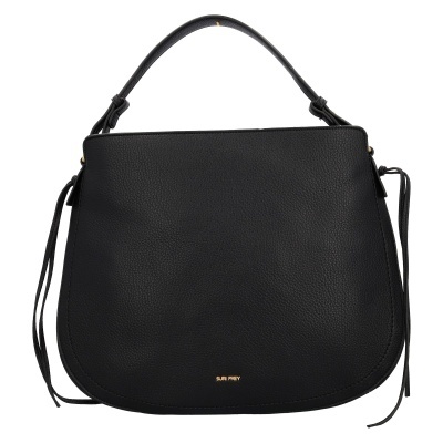 Bolsa preta de couro com textura granulado e alça superior
