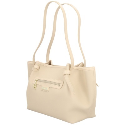 Mala de mão bege com alças duplas e bolso frontal com fecho