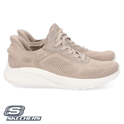 Ténis Skechers bege com sola branca e logótipo