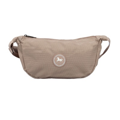 Bolsa pochete bege claro em tecido com fecho zip e logo redondo