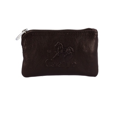 Bolsa porta-moedas em pele castanha escura com fecho e logótipo em relevo