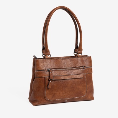 Mala castanha em couro sintético com bolso frontal e alças curvas