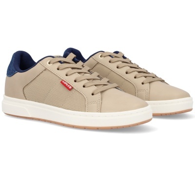Sapatilhas Levis bege e azul com sola branca e etiqueta vermelha LEVIS