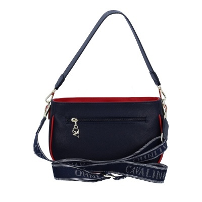 Mala azul escura com interior vermelho e alça com texto CAVALINE