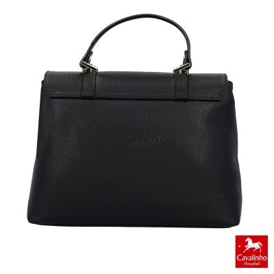 mala de mão preta em couro com alça curta e ferragens prateadas