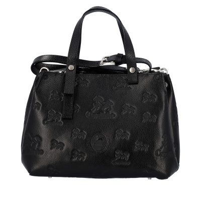 Mala preta em pele com padrão de cavalos em relevo