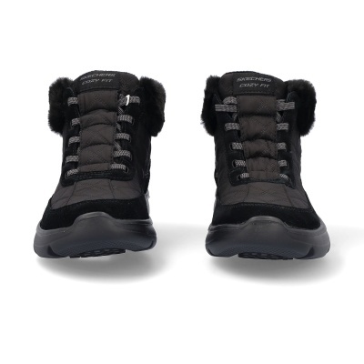 Botas femininas pretas acolchoadas com detalhes em pelúcia e atacadores cinza