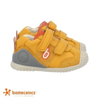 Sapatilhas infantis amarelas biomecanics com velcro e sola branca