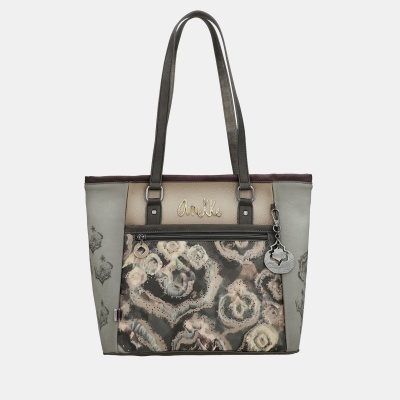 Mala de ombro bege e castanha com padrão floral abstrato e logótipo Anekke