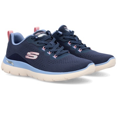 Sapatilhas Skechers azuis escuras com detalhes rosa e azul claro, sola branca.