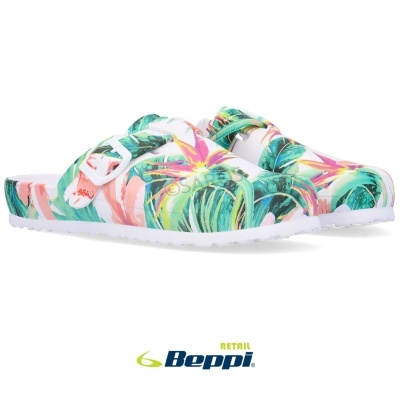 Chinelos Beppi com padrão tropical colorido e sola branca