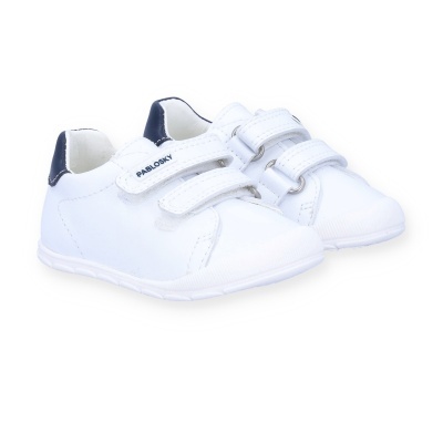 Sapatilhas infantis brancas com velcro e detalhe azul escuro