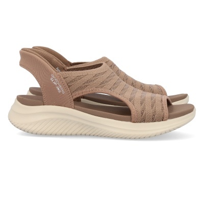 Sandálias Skechers Slip-Ins castanhas com tecido elástico e sola branca