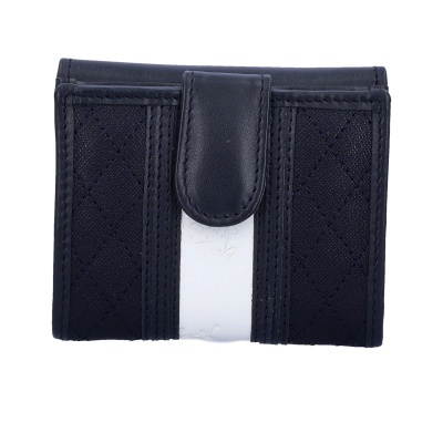 Carteira azul escuro com faixa branca e fecho de aba