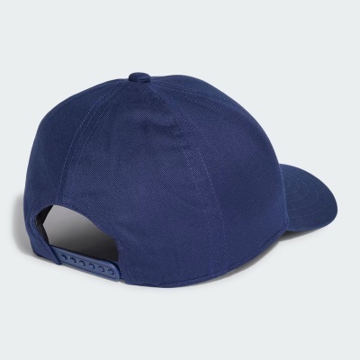 Boné azul escuro com fecho ajustável visto de trás