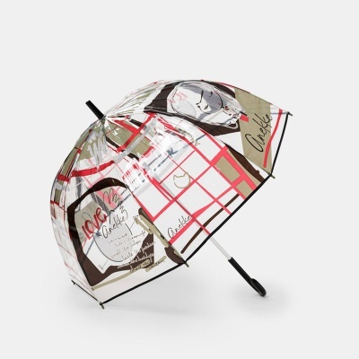 Guarda-chuva transparente com padrão colorido e palavras Anekke e Love