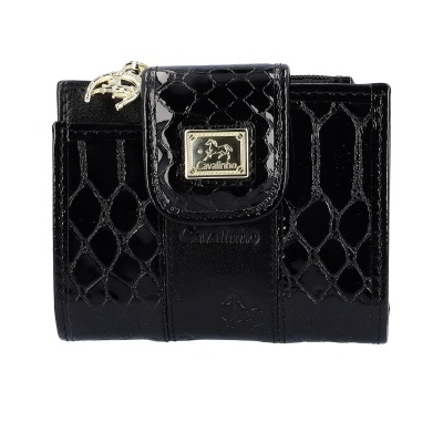 Carteira preta verniz com padrão em relevo e placa dourada Cavalinho