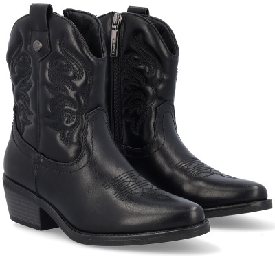 Botas cowboy pretas com bordados e fecho lateral