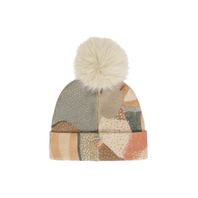 Gorro com pompom bege e padrão patchwork em cores neutras