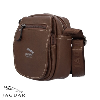 Mala transversal Jaguar castanha tipo couro com fecho e alça ajustável
