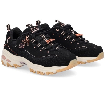 Ténis Skechers DLites pretos com detalhes rosa e sola branca