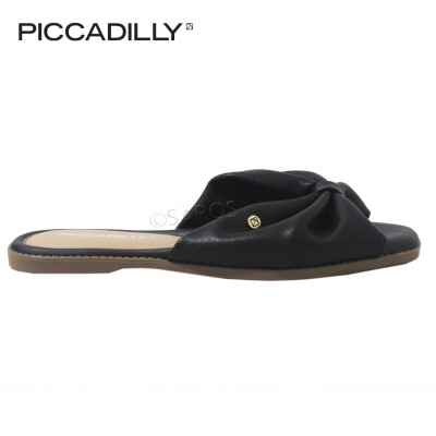 Chinelo feminino preto da marca PICCADILLY com nó na parte superior e sola castanha