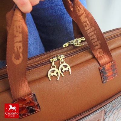 Mala castanha com alças de tecido e fechos dourados