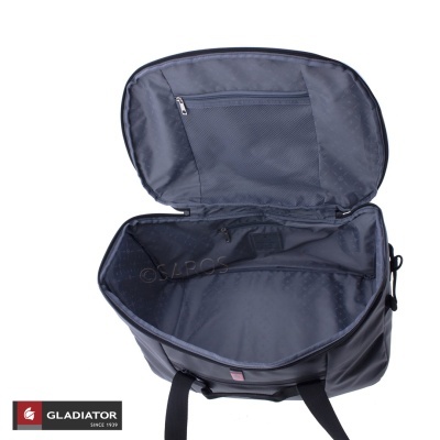 Bolsa de viagem preta Gladiator aberta mostrando interior espaçoso e bolso interno