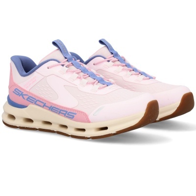 Sapatilhas Skechers cor-de-rosa com detalhes azuis e sola bege e castanha
