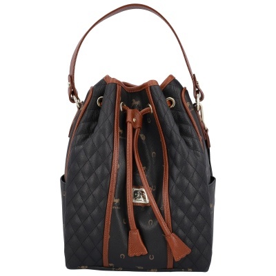 Mala tipo saco preta com padrões de cavalos e ferraduras castanhos e detalhes em pele castanha