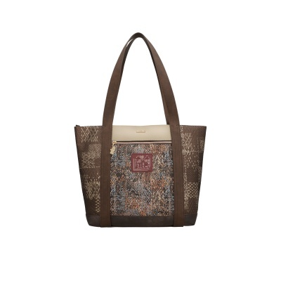 Mala de ombro castanha com padrão e bolso frontal estampado