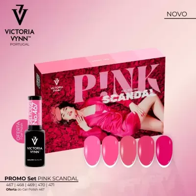 Conjunto de verniz gel PINK SCANDAL com embalagem rosa e frasco preto e rosa