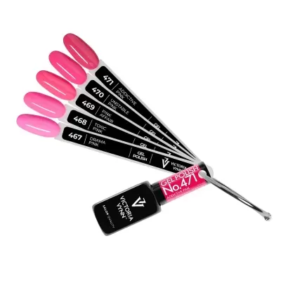 Amostras de verniz gel rosa em diferentes tons e um frasco de verniz preto com rótulo rosa