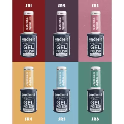 Seis frascos de verniz de gel de diferentes cores da marca Andreia Professional