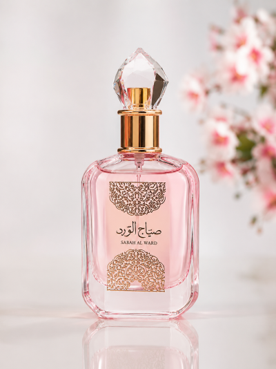 Frasco de perfume rosa com tampa transparente facetada e detalhes dourados