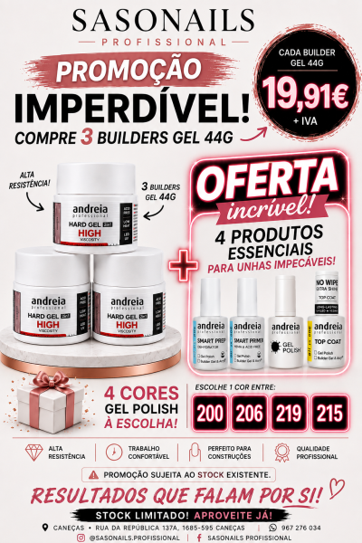 Promoção de gel builders e produtos para unhas Andreia professional com preços, características e opções de cores.