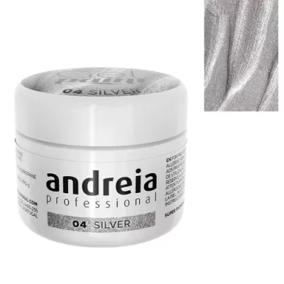 Frasco branco de produto com rótulo andreia professional 04 SILVER e amostra prateada brilhante