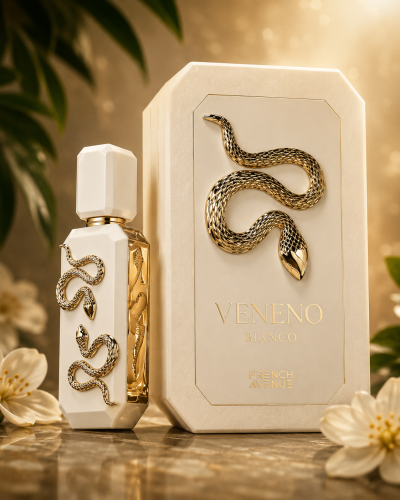 Frasco de perfume branco com detalhes dourados em forma de serpente e caixa branca com texto e design dourados