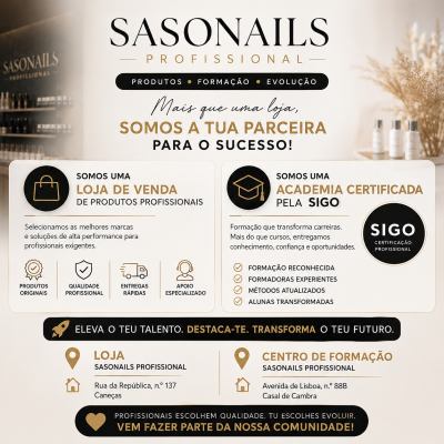 Cartaz com informações sobre SASONAILS PROFISSIONAL, loja e academia certificada, texto em preto, dourado e bege.