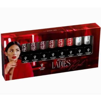 Conjunto de vernizes gel Victoria Vynn Ladies Red em caixa vermelha com imagem de mulher