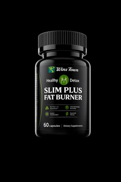 Frasco preto de suplemento Slim Plus Fat Burner com rótulo preto, verde e branco